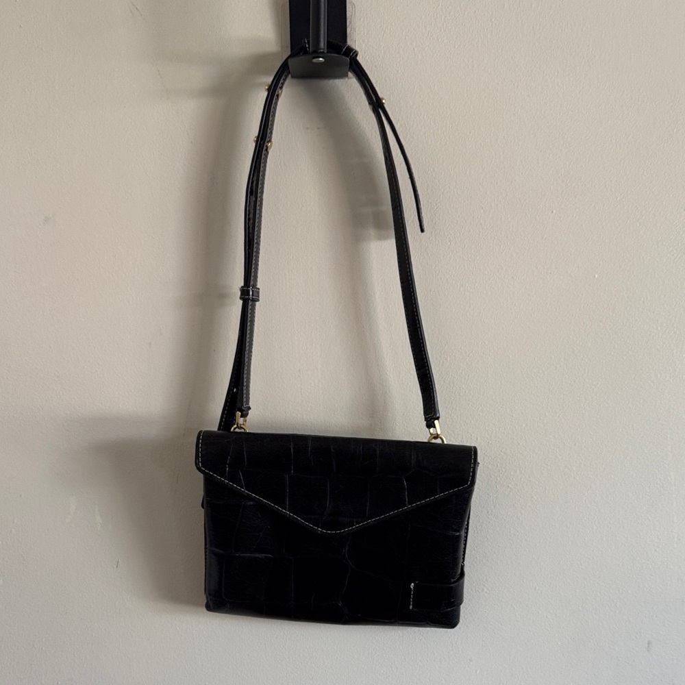 STAUD Black Croc-Embossed Crossbody Bag